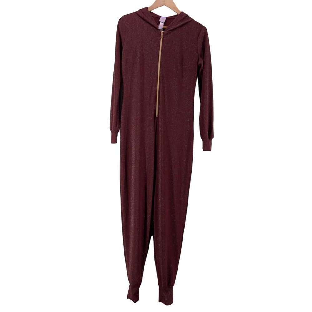 SAVAGE X FENTY Showgirl Hooded Maroon Glitter One Piece JUMPSUIT